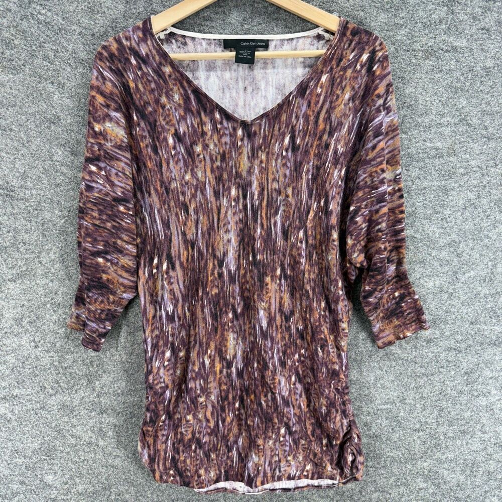 Calvin Klein Tunic Top Women M Medium Brown Geometric V-Neck 3/4 Sleeve Cotton
